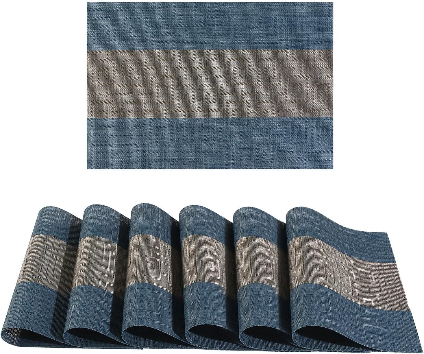 FAVE Placemats Set of 8 Indigo Blue Woven with Gray Placemats Durable and Wipeable Vinyl Placemats Heat Resistant Table Mats Set of 8 High Texture Place Mats for Kitchen Table?Indigo Blue