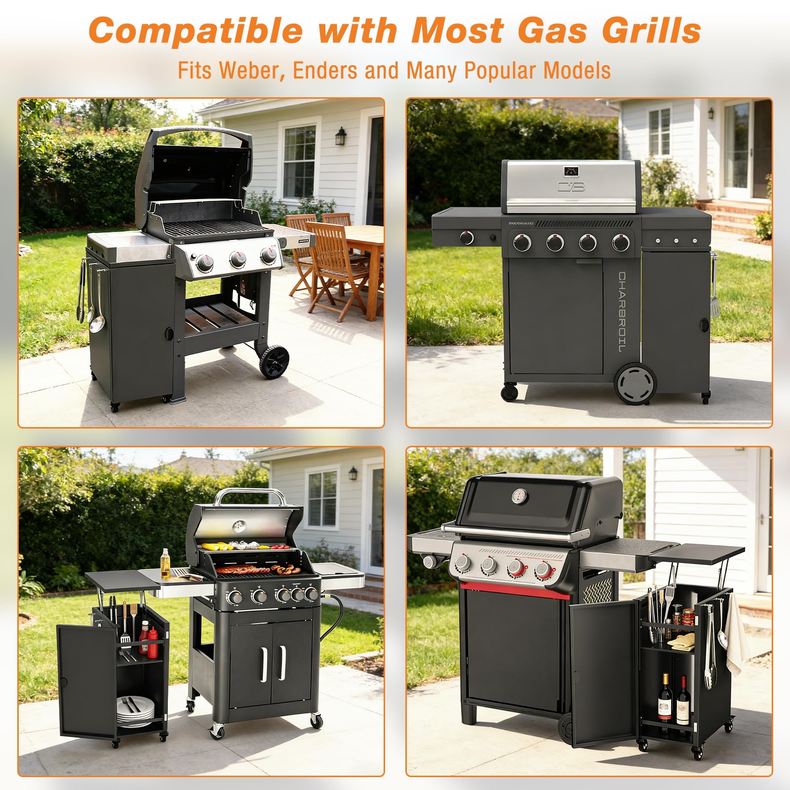 GFTIME Grillwagen mit Stauraum & Haken, Rollbarer Grilltrolley mit 4 Lenkrollen, Outdoor Beistelltisch für Weber Genesis II/LX 300, Enders, Charbroil, Nexgrill, Dynaglo, Modularer Trolley, Schwarz
