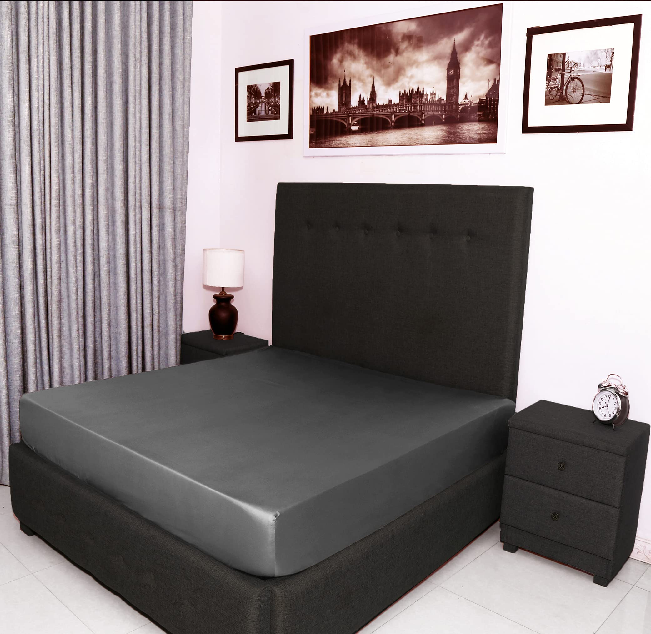 Bed Thread Charcoal Grey - Egyptian Cotton Double Fitted Sheet, 400 Thread Count Long Staple Cotton Sateen Double Bed Fitted Sheet Bed Sheet, 100% Cotton Deep Pocket Fitted Sheet Mattress Bedsheet