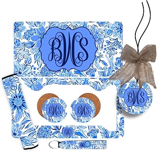 Personalized Monogram Car Accessories Blue and White Floral