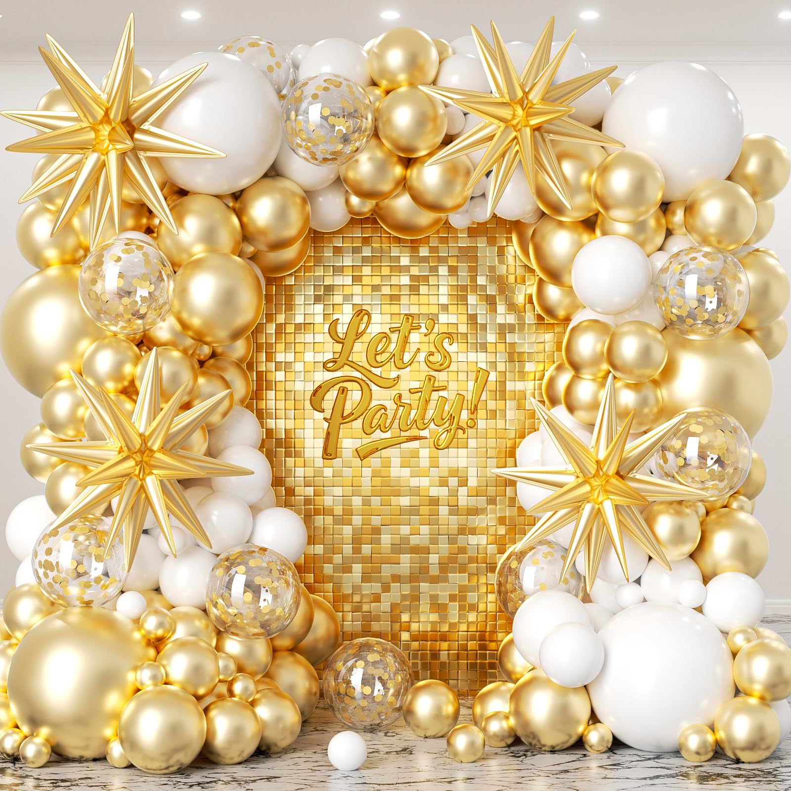 White and Gold Balloon Arch Garland Kit 153pcs with Star, 22 18 12 10 5in Different Size White Metallic Gold Confetti Latex Balloons for Birthday Anniversary Wedding Baby Shower Decoration