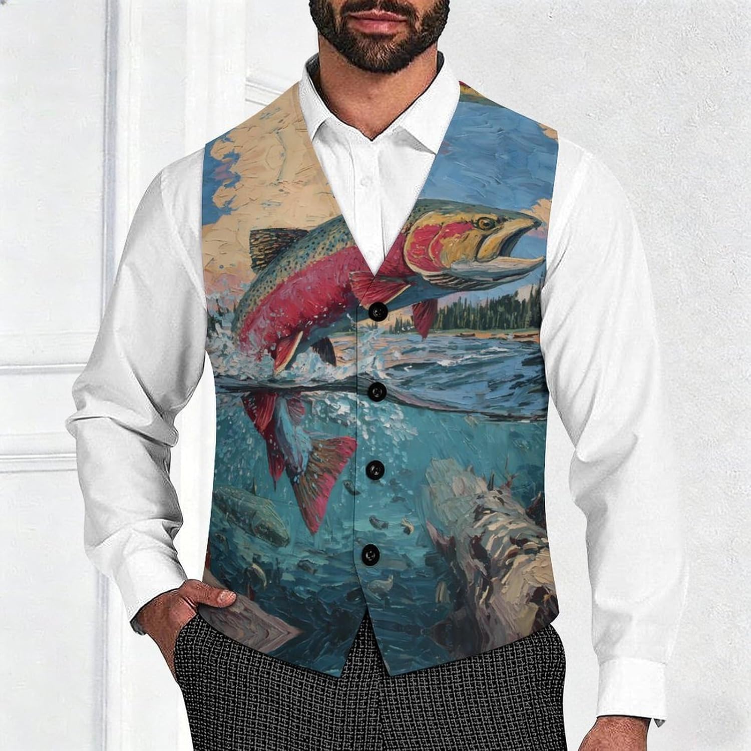 Trout Fish Jumping Out of The Lake Men's Formal Suit Vest Slim Waistcoat for Business Tuxedo Dress