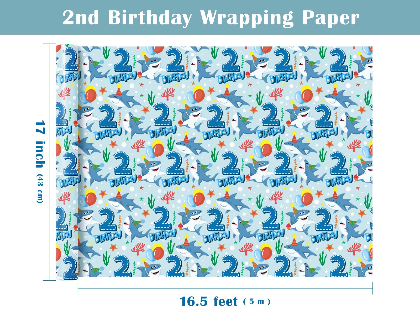 WRAPAHOLIC Rollo de papel de regalo de segundo cumpleaños – Mini rollo – 17 pulgadas x 16.5 pies – Papel de regalo colorido de tiburón océano perfecto para cumpleaños de niños, baby shower