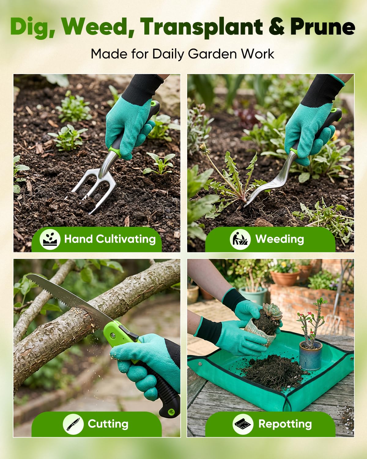 Juego de herramientas de jardín - Kit de herramientas de jardinería de aluminio con asas antideslizantes, guantes de jardinería y bolsa de almacenamiento para plantar, cavar, cuidar el suelo, macizos