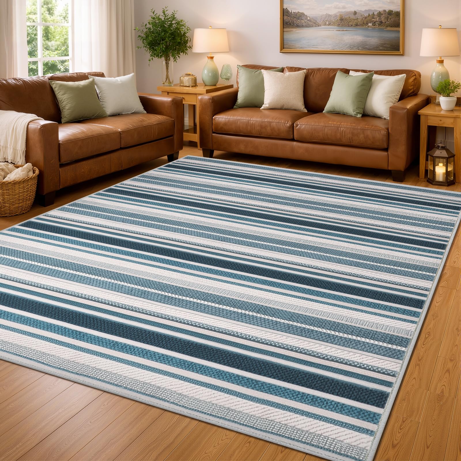 FLYRUGGO Modern Nautical Blue Striped Area Rug