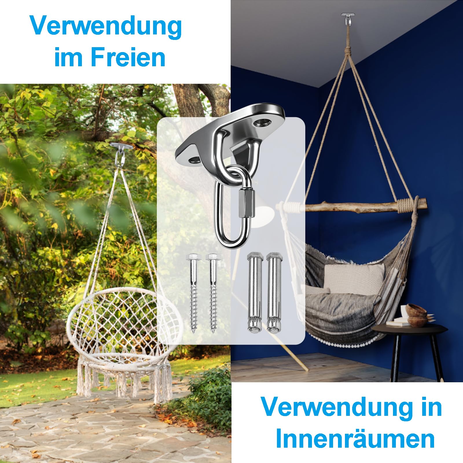 2er Deckenhaken Schwerlast, Robuste Haken zum Aufhängen 304 Edelstahl Deckenhaken für Holzbalken und Betondecken Hängende Hängematte für Hängesessel Veranda Yoga Fitnessstudio, 680KG Kapazität