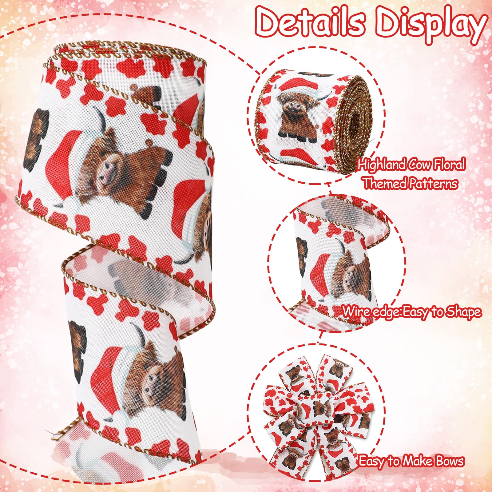 JarThenaAMCS Weihnachtsband mit Drahtrand, Hochlandkuh, Bastelband, rote Kuh, gepunktet, Stoffband für Kranz, Schleife, DIY, Verpackung, Party-Dekoration, 2 Rollen, 20 Meter