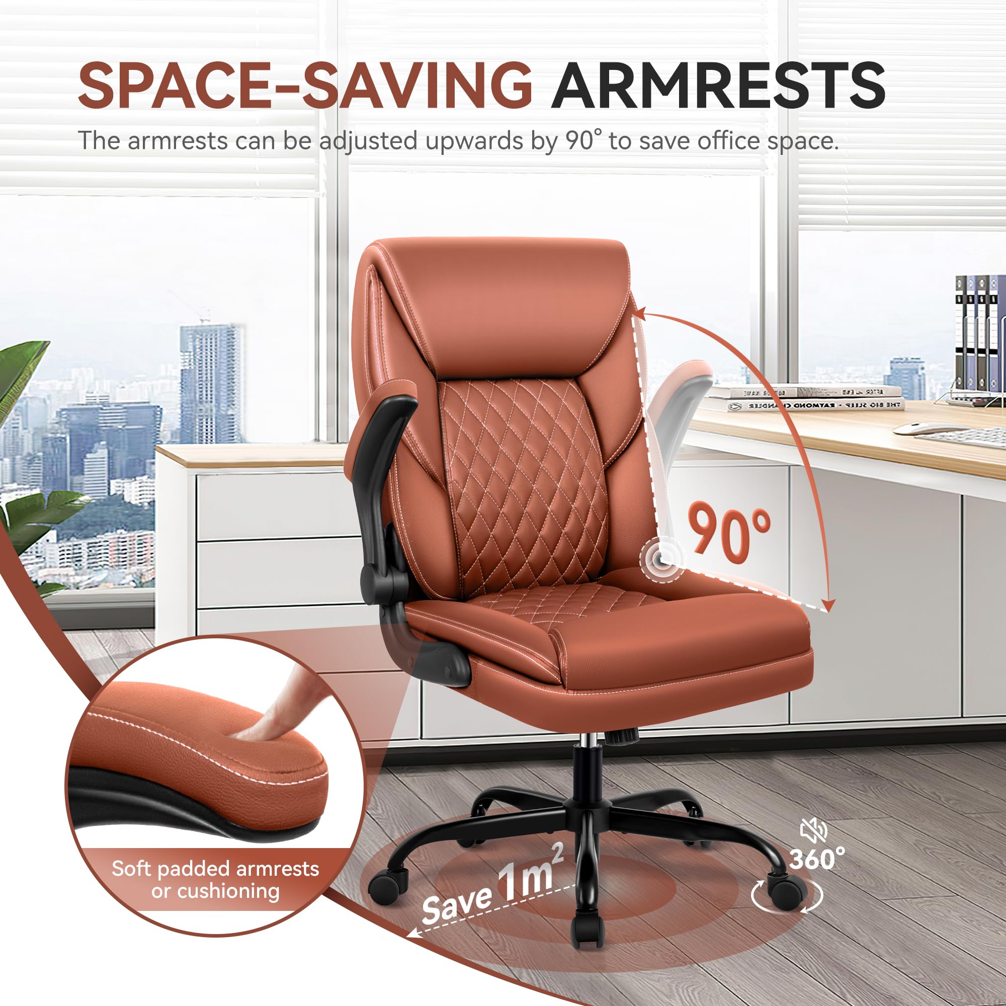 Sedia da ufficio ergonomica con funzione basculante, sedia da scrivania regolabile in altezza, in ecopelle, 150 kg, colore marrone