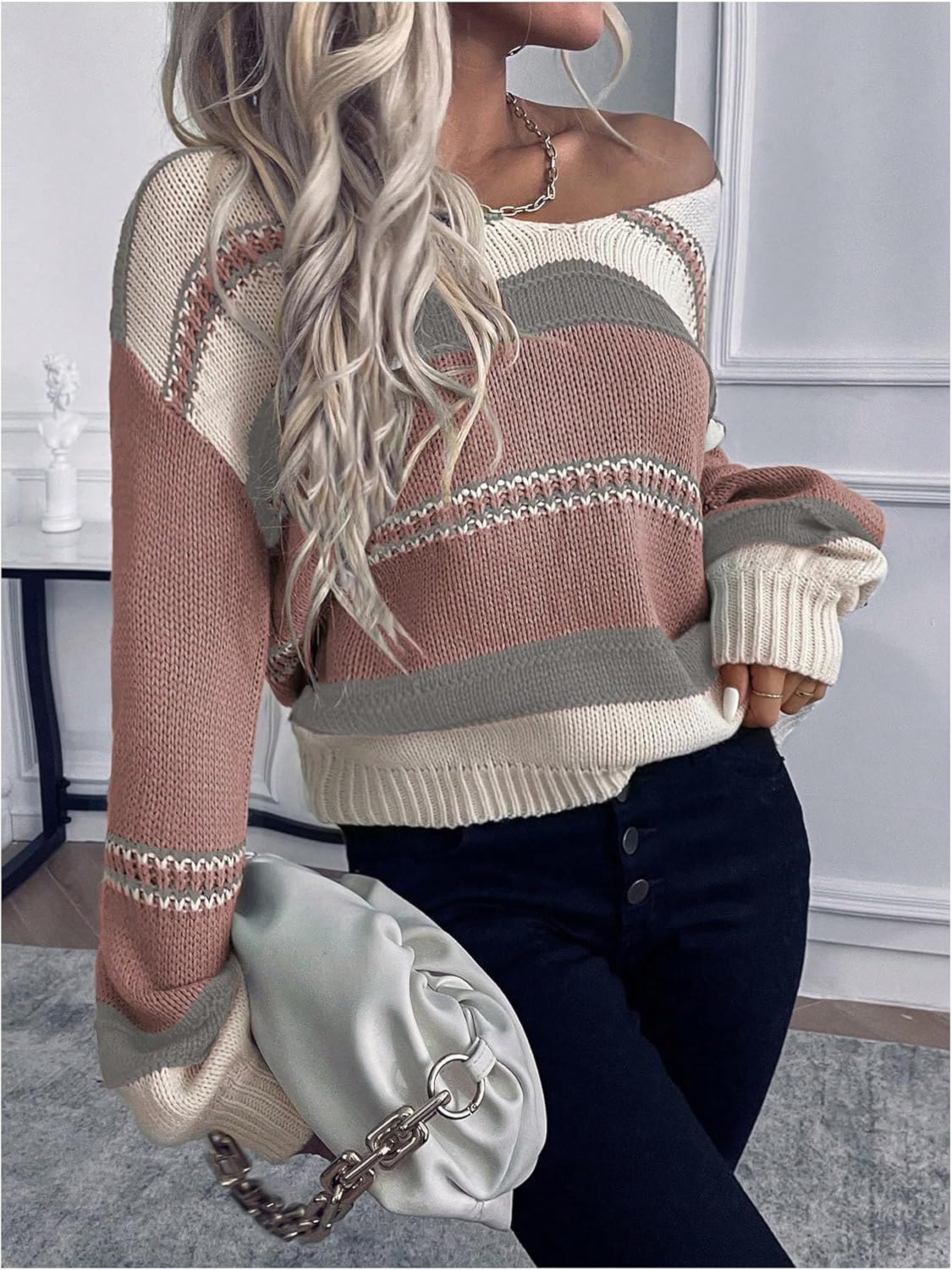 Verdusa Women's V Neck Striped Sweater Cozy Color Block Off The Shoulder Pullover Sweaters