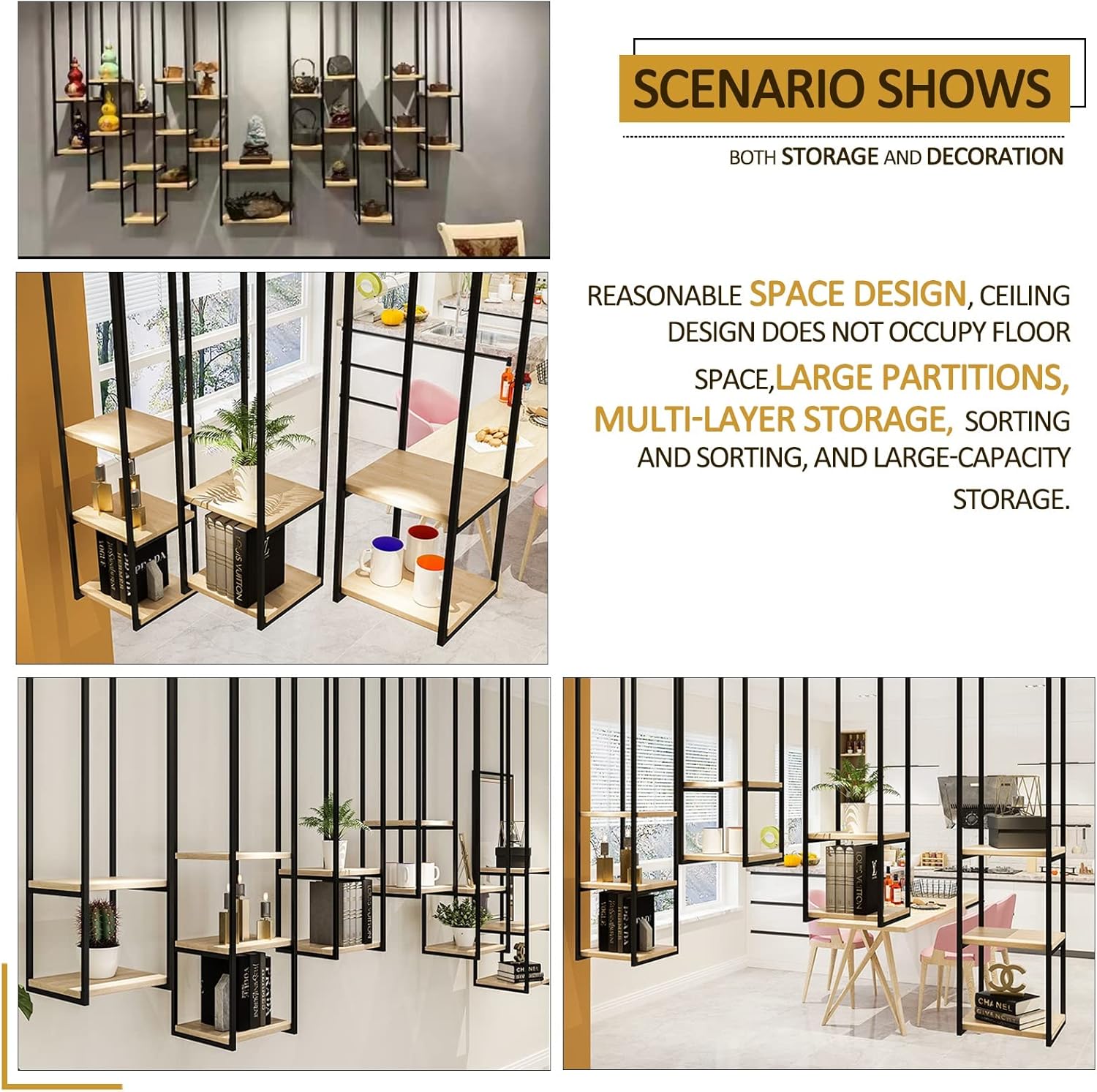 Ceiling Hanging Floating Wooden Shelves with Iron Frame - Versatile Kitchen Bookshelf & Pan Rack for Living Room, Bar, or Store - Stylish Home Decor Solution