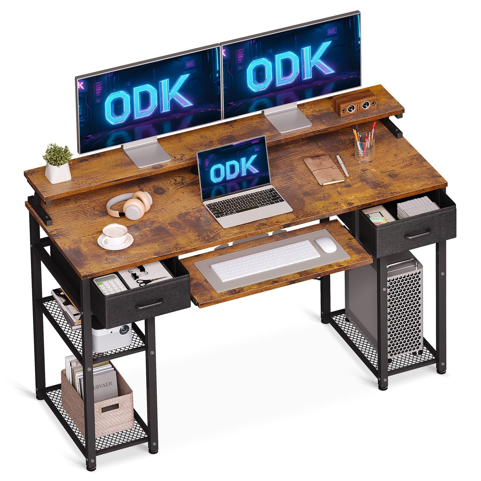 ODK Escritorio de Ordenador, Escritorio con 2 Cajones y Bandeja para Teclado, Escritorio de Oficina con Soporte para Monitor, Mesa de Escritorio con Estante Reversible para Oficina, 120x48x90cm
