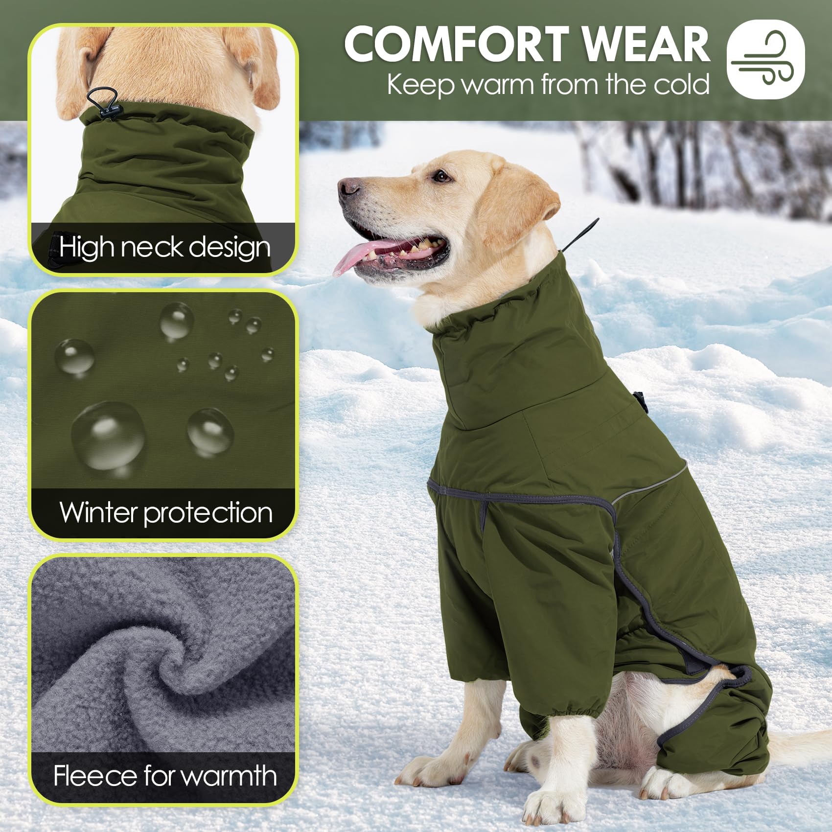 Cappotto riscaldato per cani a quattro zampe, impermeabile, regolabile, con collo alto a ritrazione, abbigliamento invernale per cani di taglia piccola, media e grande (verde, 3XL)