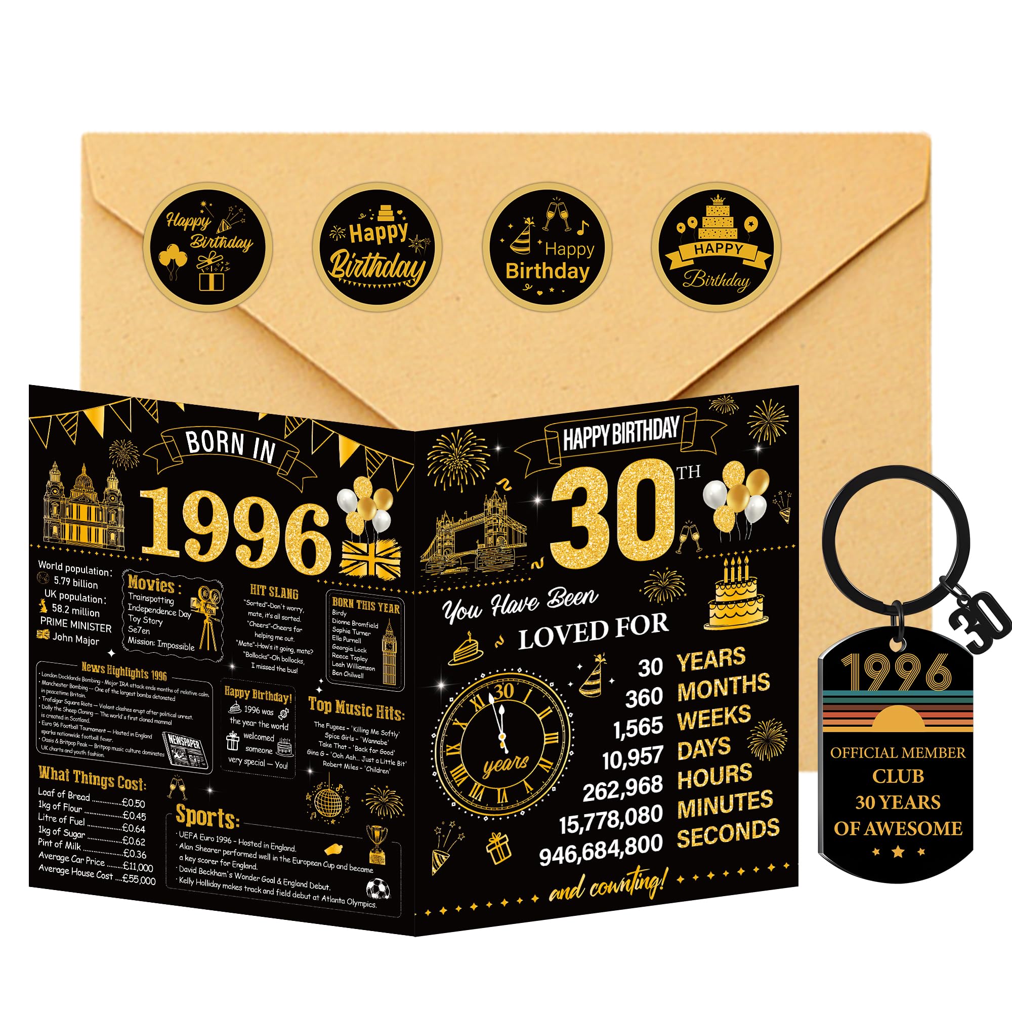 30th Birthday Cards Keyring Gifts - Funny Black Gold Keychain 30th Birthday Greeting Card Envelope Velvet Pouch Stickers Gift for Happy 30 Years Old Men Husband Anniversary Personalised Gift