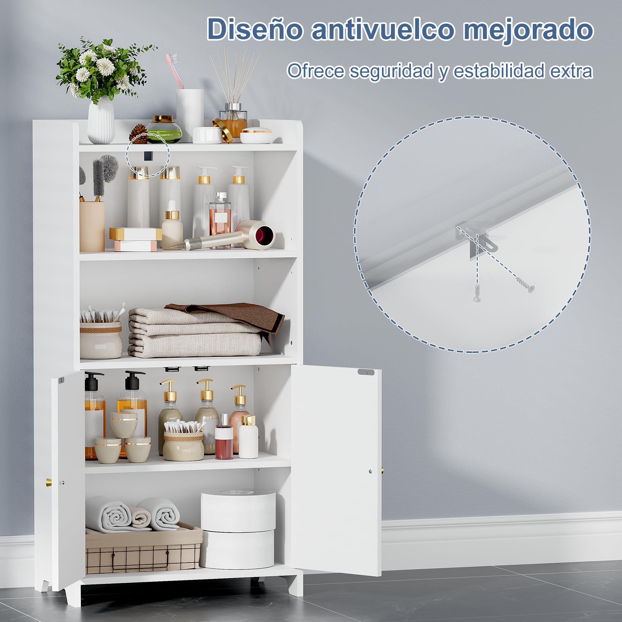 BEWISHOME Armario Baño, Mueble Baño con 2 Puertas y Tabiques Ajustables, Armario Baño para Espacios Pequeños 30 x 50 x 100 cm, Blanco, EYYG18W