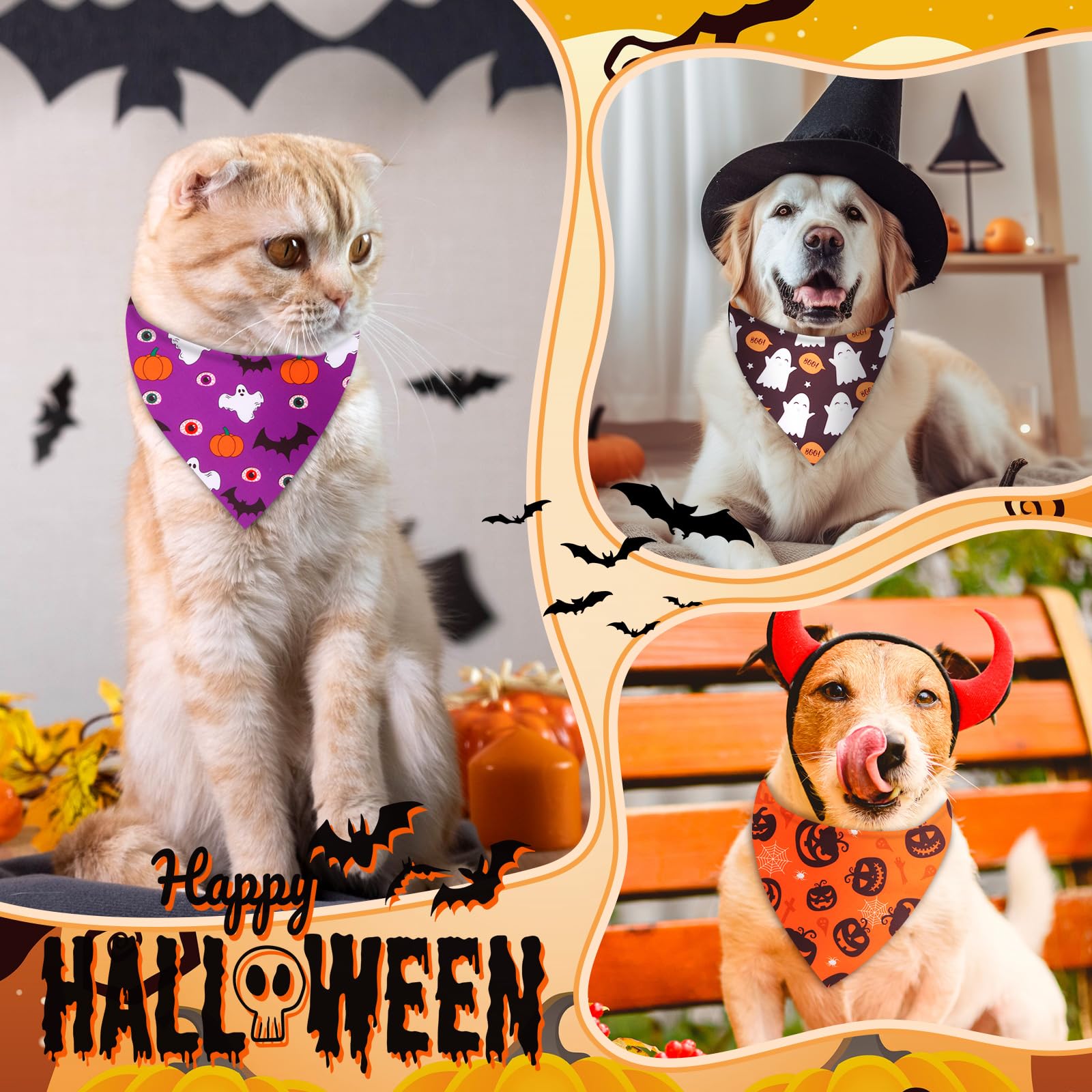 Chunful Lot de 120 bandanas pour chien pour l'automne, Thanksgiving, Halloween, Noël avec motif feuille d'érable, citrouille, fantôme, bonhomme de neige, triangle réglable pour animal domestique pour