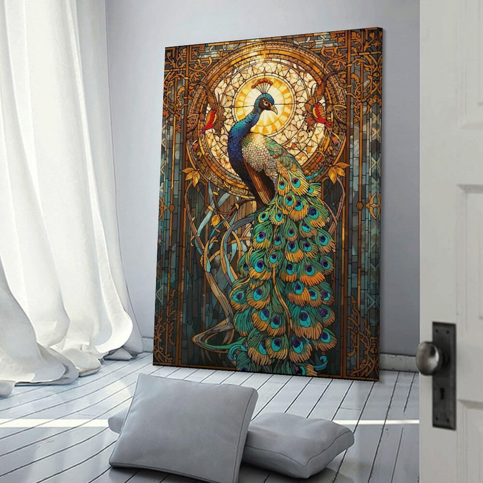 Junmoney Frame-Style-14 Peacock Stained Glass Art Nouveau Canvas Wall Decor, 20X30inch(50X75cm), For Wall Displays, Bedrooms Or Room Updates, Wall Decor Suited To Curated Displays