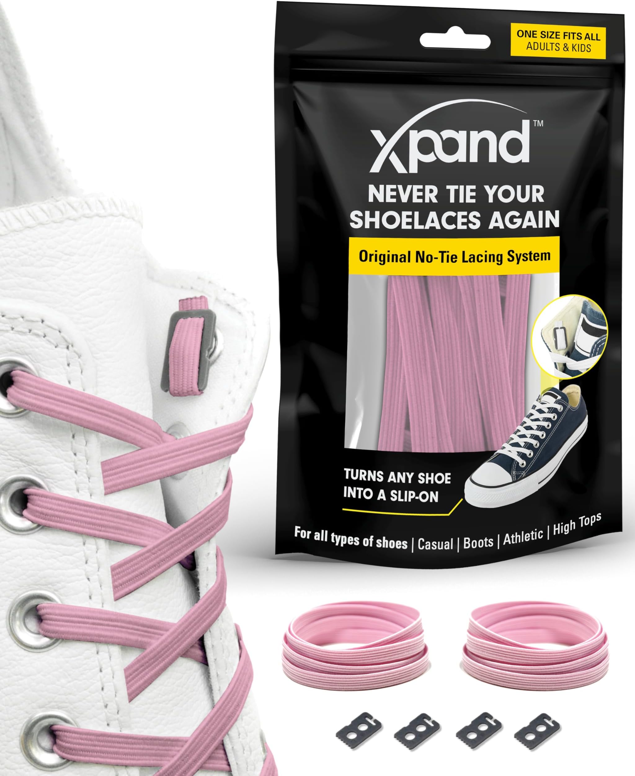 No Tie Elastic Shoelaces. 1 Size Fits All for Adults & Kids | Stretch Laces for Sneakers, Runners & High Tops Shoes