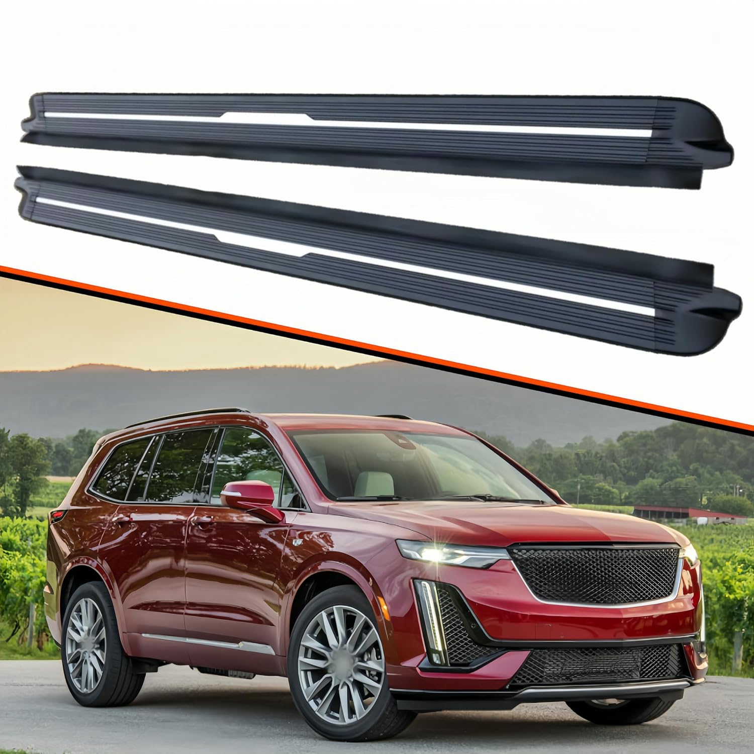 2PCS Aluminum Running Boards Fits for Cadillac XT6 2020-2025 Anti-Slip Side Steps Foot Rails Black with Silver Nerf Bars
