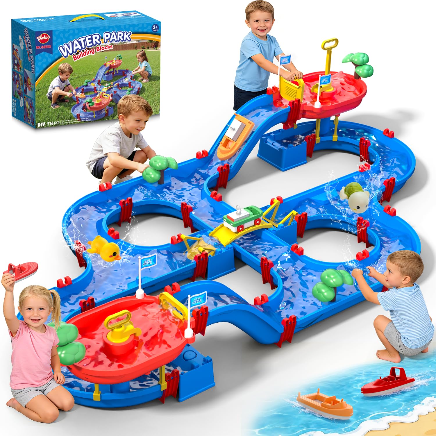 VATOS Kinder-Outdoor-Wasserräder-Spielzeug, 120 Stück, DIY-Wassertisch, Strandspielzeug auf Hinterhof, Rasen, Park, Pool, Wasserstraße, Spielzeug mit 2 Booten, Sommer-Outdoor-Aktivitätsfuns für