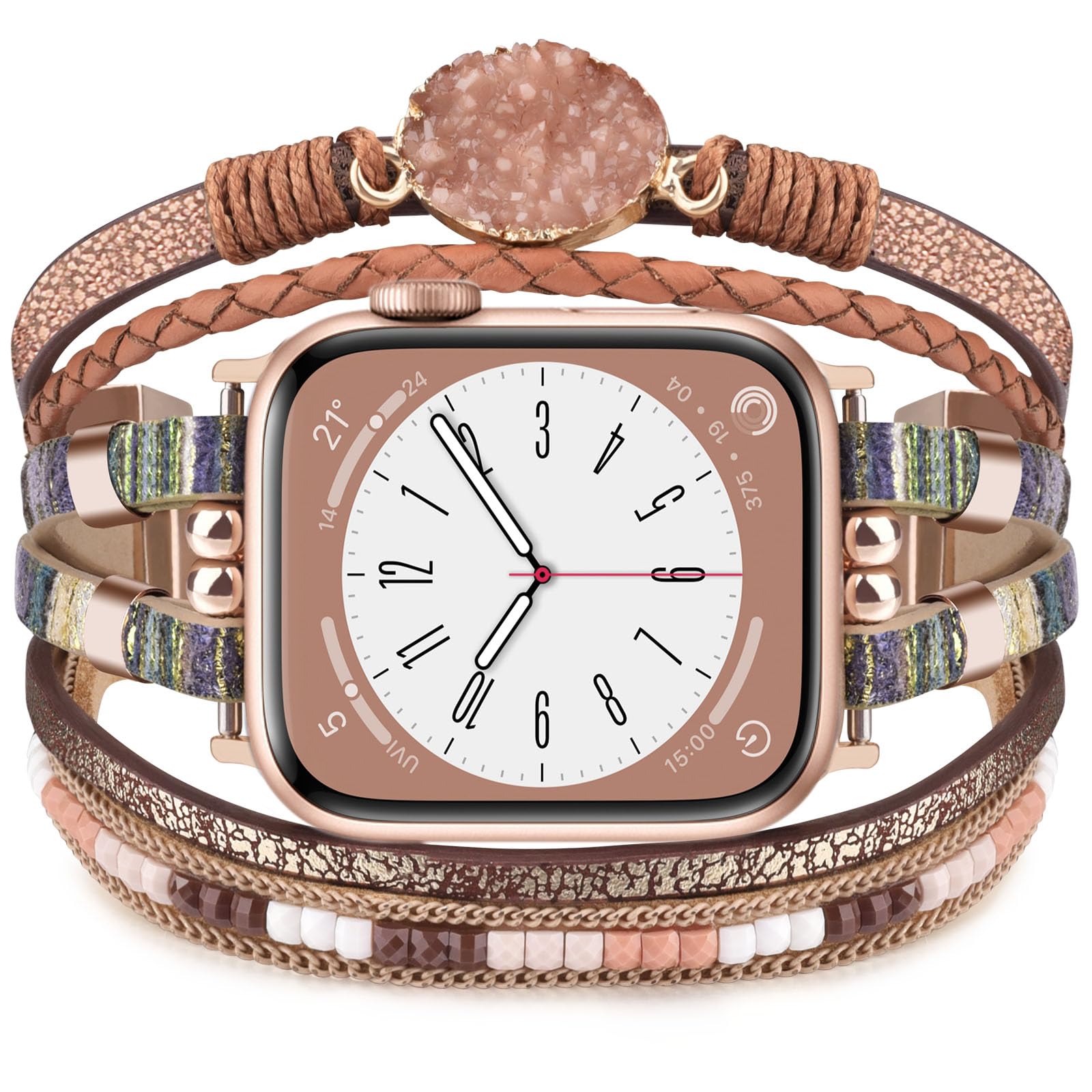 KOREDA Boho Leather Bracelet Compatible for Apple Watch Band 38mm 40mm 41mm 42mm 44mm 45mm 46mm Series 11 10 9 8 7 SE Women, Handmade Multilayer Wrap Beaded Jewelry Apple Watch Strap for iWatch Series 6/5/4/3/2/1