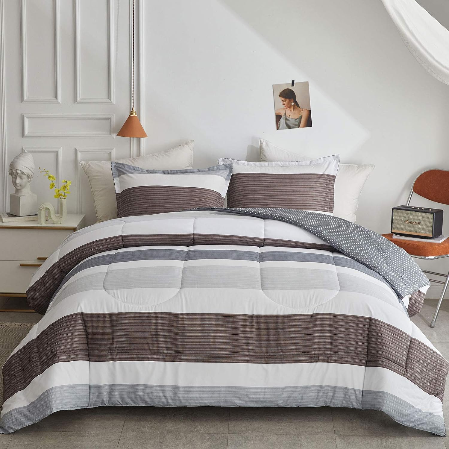 Joyreap 3pcs Comforter Set Queen, Light Gray n Brown Stripes Design, Smooth Soft Microfiber Bedding Comforter for All Season (Full/Queen, 90x90 inches)