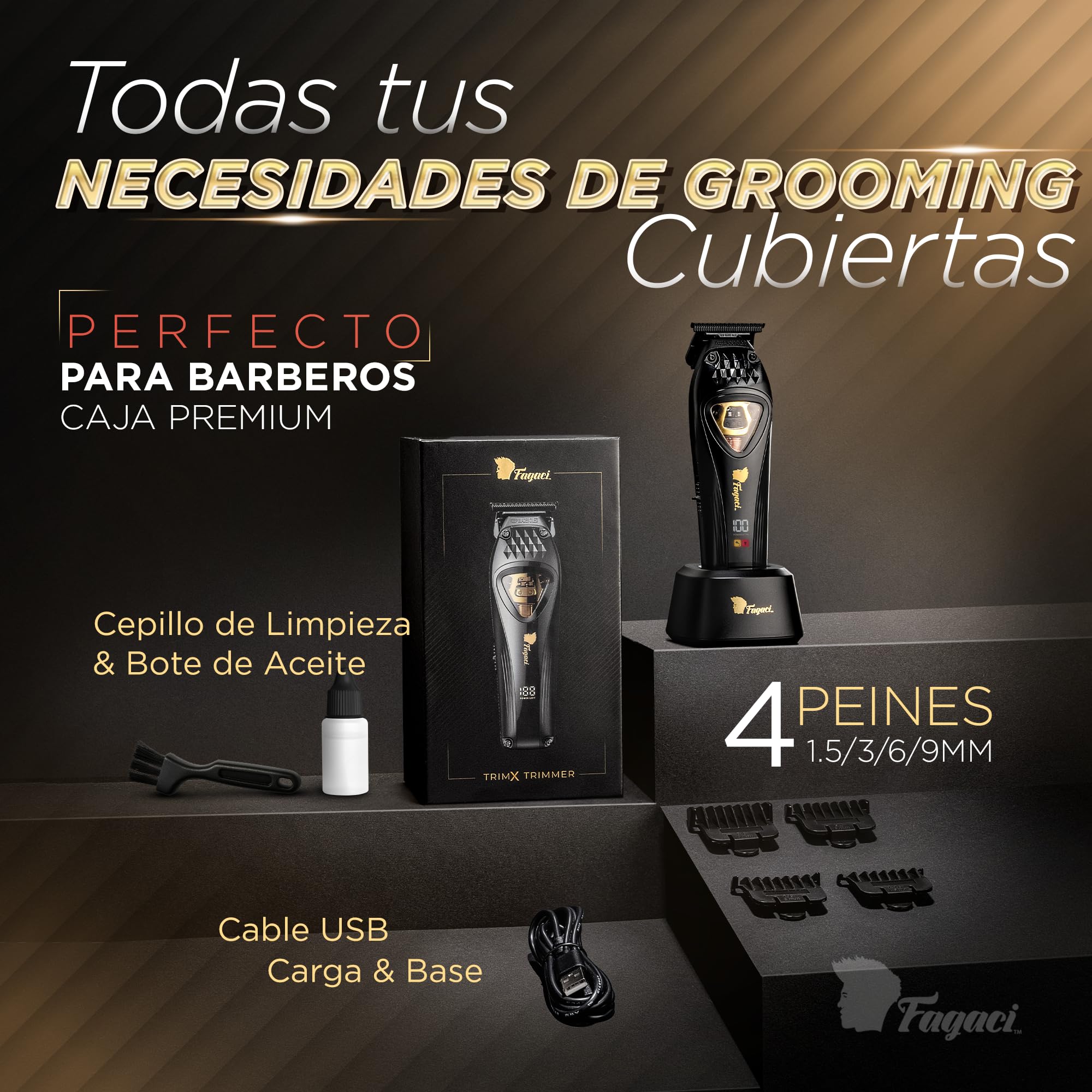 Fagaci Recortadora de Barba Hombre Profesional, Cuchilla DLC Zero Gap | Recortadora inalámbrica zero gap con cuchillas DLC, Motor vectorial de 12.000 RPM, Incluye base de carga y guías