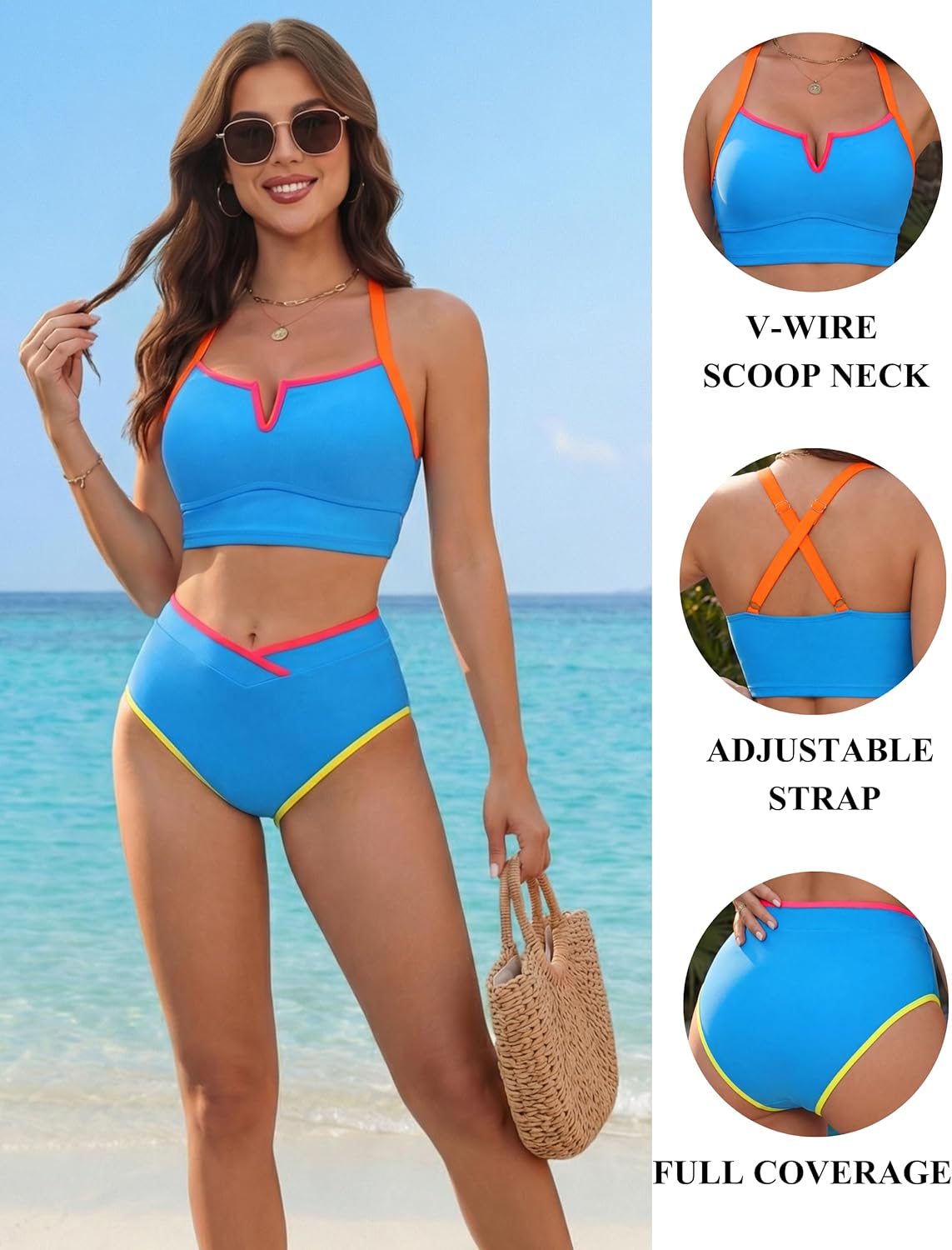 BMJL Women's High Waisted Bikini Sets Color Block Sporty Two Piece Swimsuits Tummy Control V-Neck Crop Top Bathing Suits