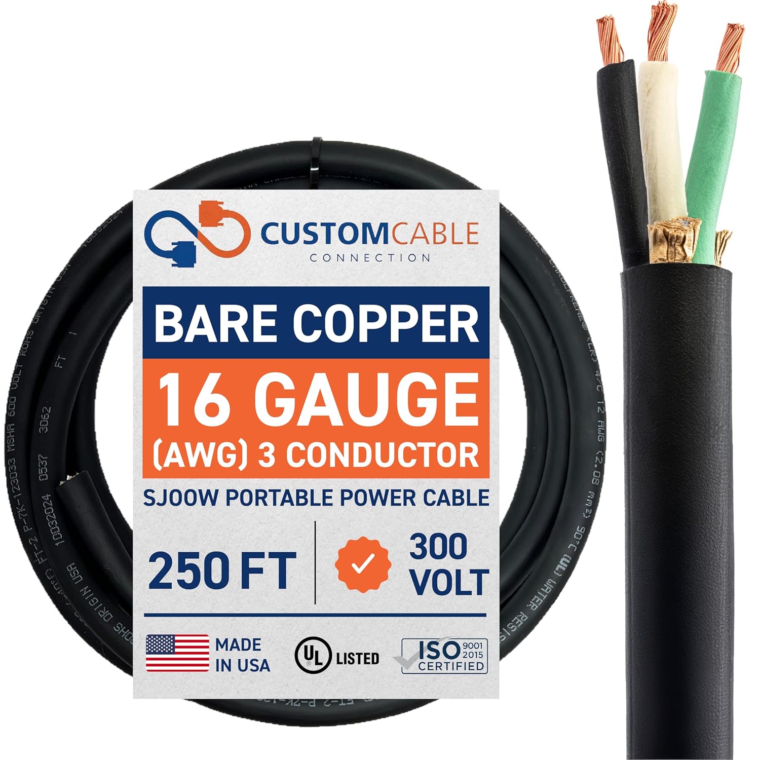 16/4 SJOOW 300V Cable – 16 Gauge (16 AWG) Portable Power Cable with 4 Conductors – Fully Annealed Stranded Bare Copper Wires – Water & Oil Resistant for Heavy Duty Industrial Use – USA Made (50ft)