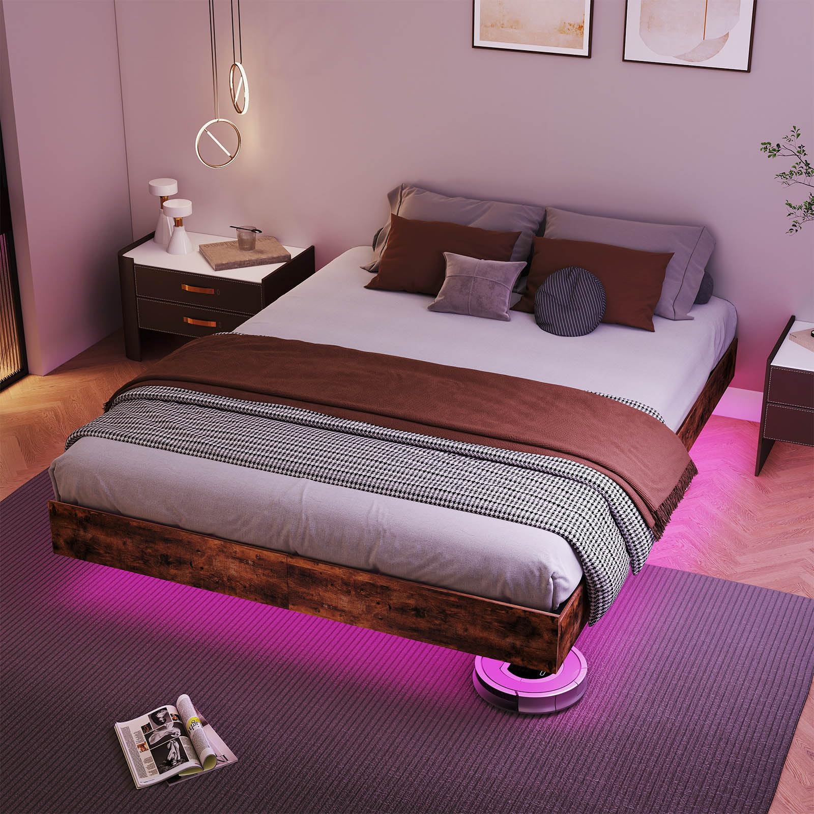 Floating Bed Frame King Size with RGB LED Lights - Modern Metal Bed Platform Heavy Duty Steel Slats