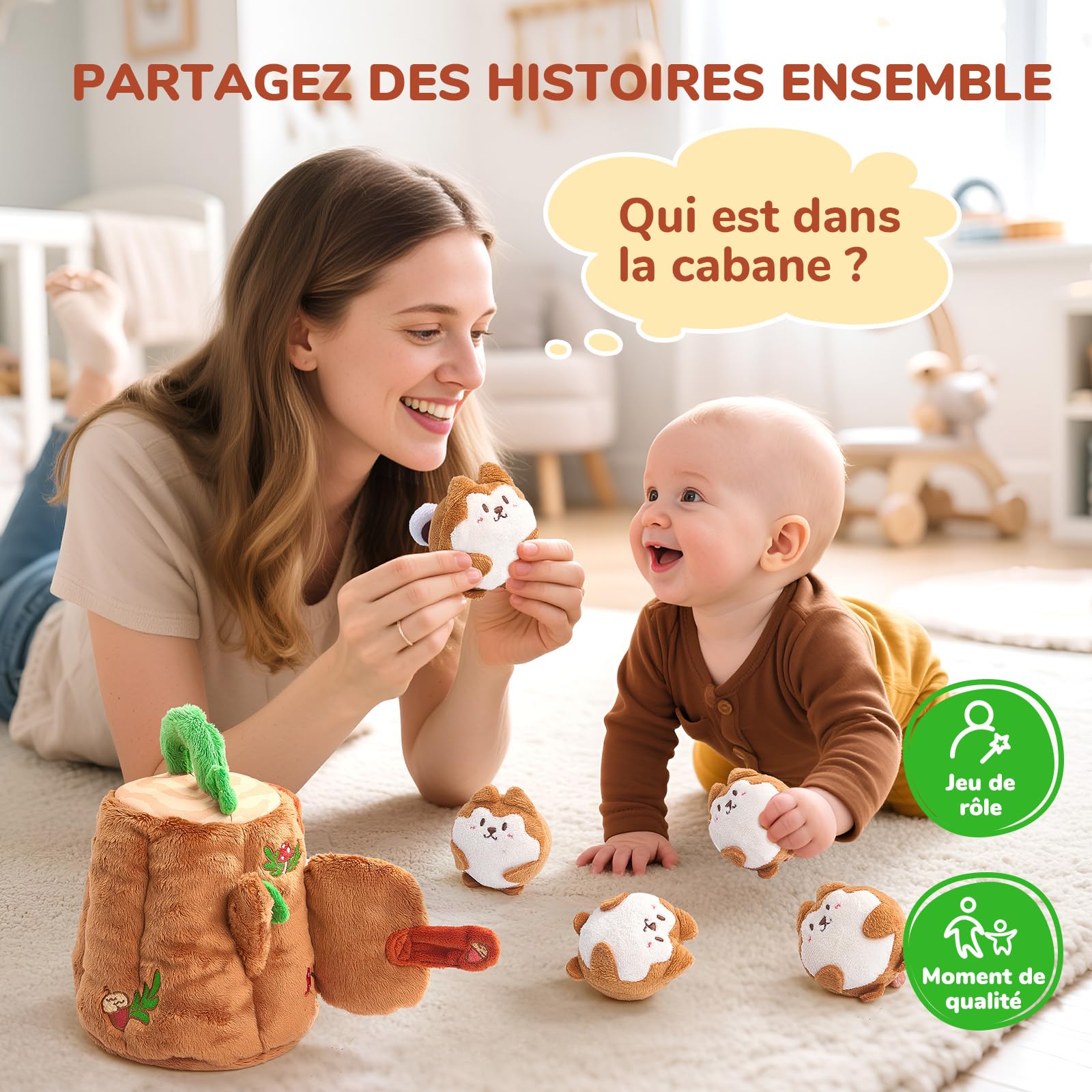 JoyCat Jouet Bebe 6-12 Mois, Cabane en Peluche avec 5 Écureuils, Hochet, Miroir, Jouet Sensoriel Montessori Bébé 6 Mois, Cadeau Bebe Enfant Garçon et Fille 1 an