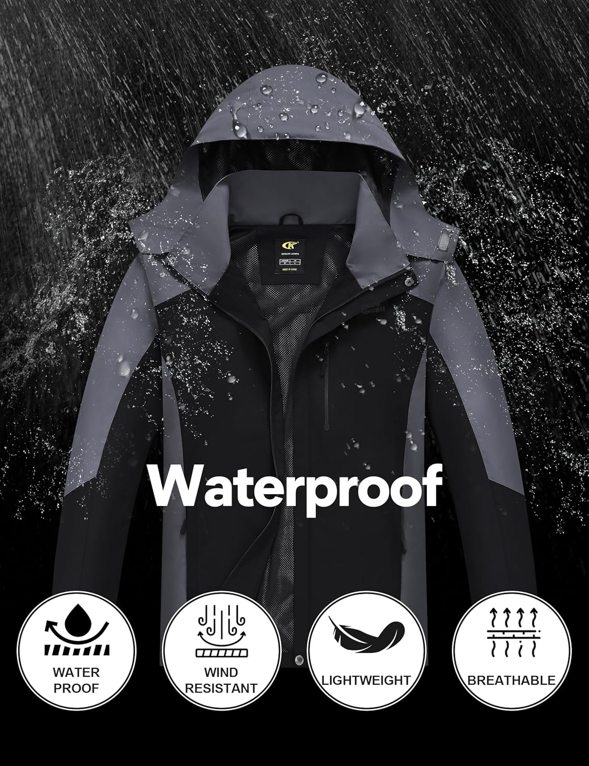 YuKaiChen Mens Rain Jacket Waterproof with Hooded Hiking Coat Lightweight Windbreaker - Image 6