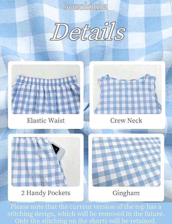 Gozoloma Women's Oversized Gingham 2 Piece Set Crewneck Sleeveless A-Line Top and Relaxed Shorts with Pockets Casual Summer(LightBlue-L) by Gozoloma - Used condition - Image 2
