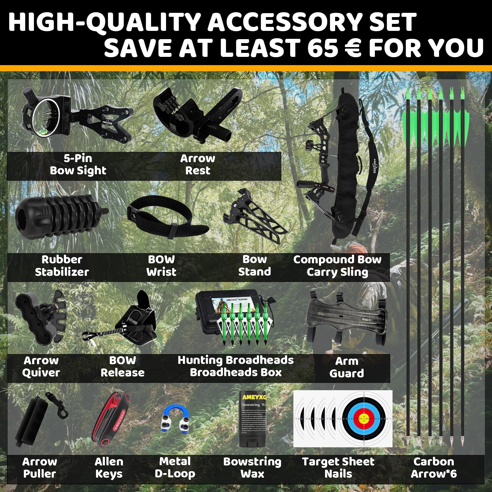 Compound Hunting Bow Kit - Fully Adjustable 30-70LB Draw, USA Gordon Limbs, Complete Archery Set