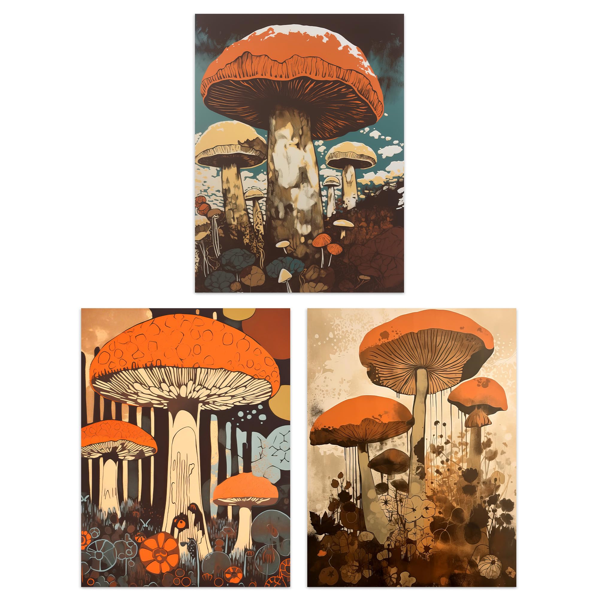 Artery8 Set of 3 Earthy Orange Mushrooms Ceps Wild Edible Fungi Botanical Aesthetic Unframed Wall Art Living Room Poster Prints Pack