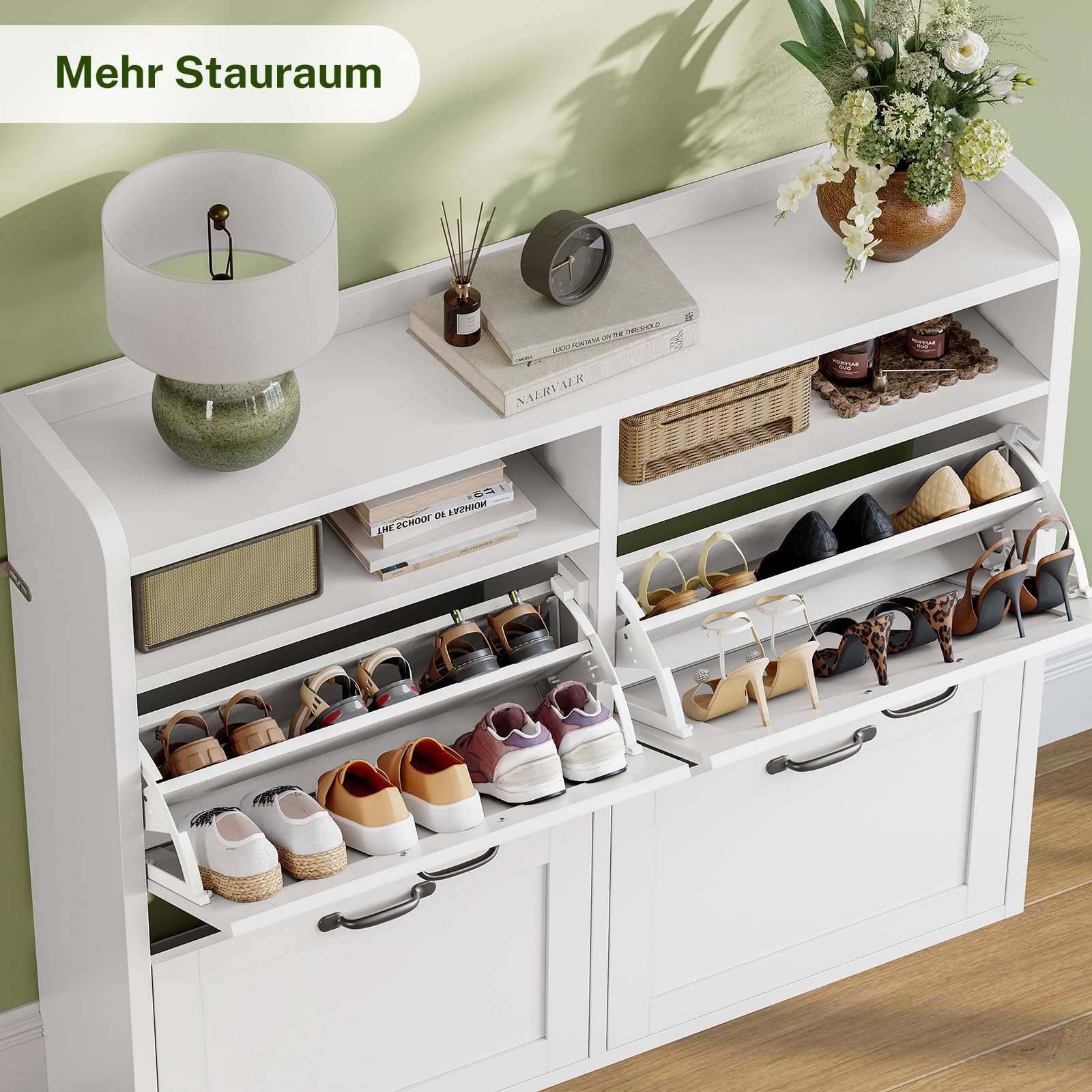 TEENFON Schuhschrank Schmal–105 cm breiter Schuhkipper mit 4 Klappen&2 offenen Fächern, mit verstellbaren Einlegeböden, Schuhkommode für 16–24 Paar Schuhe, geeignet für Flur, Eingangsbereich,Weiß