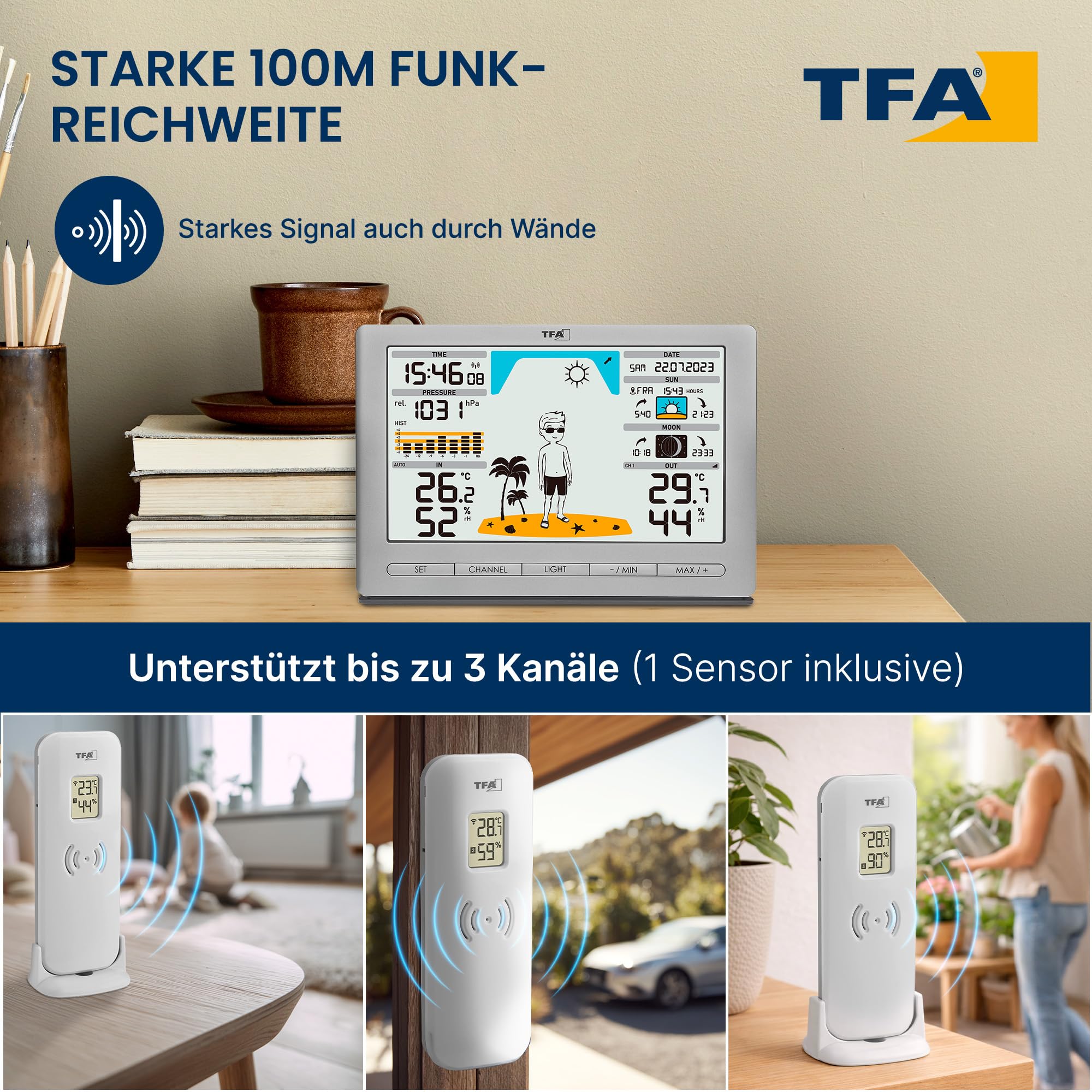TFA Dostmann Funk Wetterstation METEO JACK, 35.1097.54, inkl Außensender, mit Wettervorhersage, Luftdruck, Mondphase, Sonnenaufgang- & -untergang, Funkuhr, silber