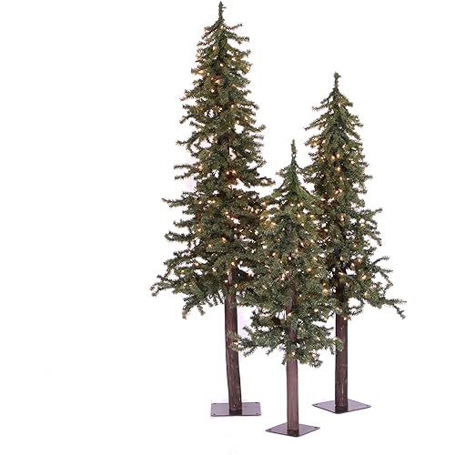 Vickerman 4' 5' 6' Natural Alpine Artificial Christmas Tree Set, Clear Incandescent Lights - Faux Christmas Tree Set - Seasonal Indoor Home Decor