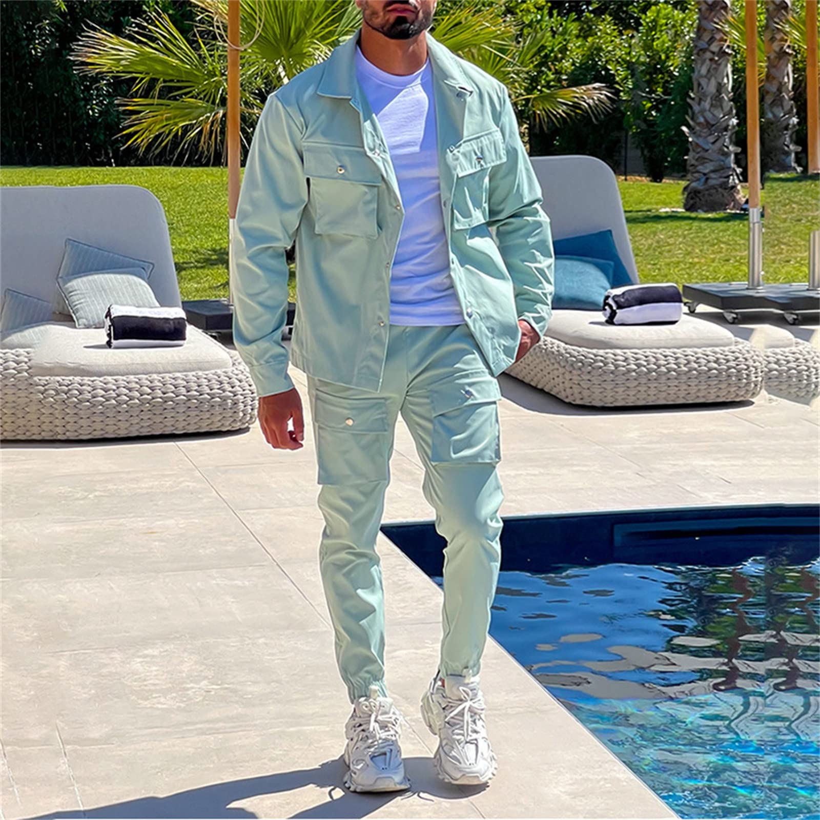 Tuta estiva da uomo Casual Cargo Pantaloni da trekking Allenamento Joggers Pantaloni della tuta Girare giù Set di camicia per gli uomini Daily Loungewear Suit