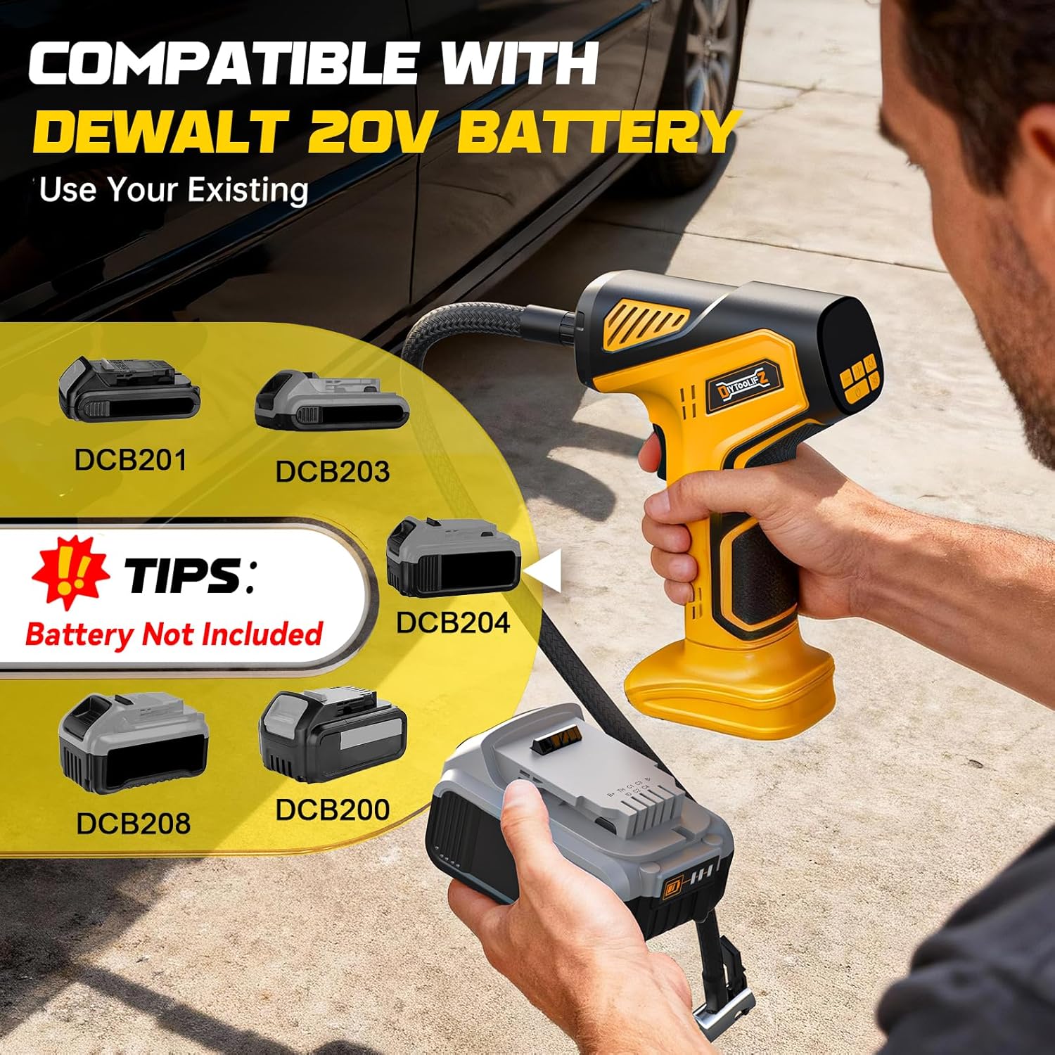 The cordless tire inflator with various Dewalt 20V batteries, illustrating compatibility.