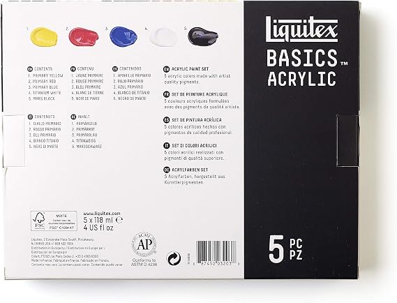 LIQUITEX 3699350 Basics Studio Acrylic Paint, 5 Colours in 118 ml Tubes Made of High-Quality and Durable Pigments, Very Opaque Colours, Excellent Light Resistance, Waterproof