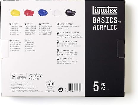 LIQUITEX 3699350 Basics Studio Acrylic Paint, 5 Colours in 118 ml Tubes Made of High-Quality and Durable Pigments, Very Opaque Colours, Excellent Light Resistance, Waterproof