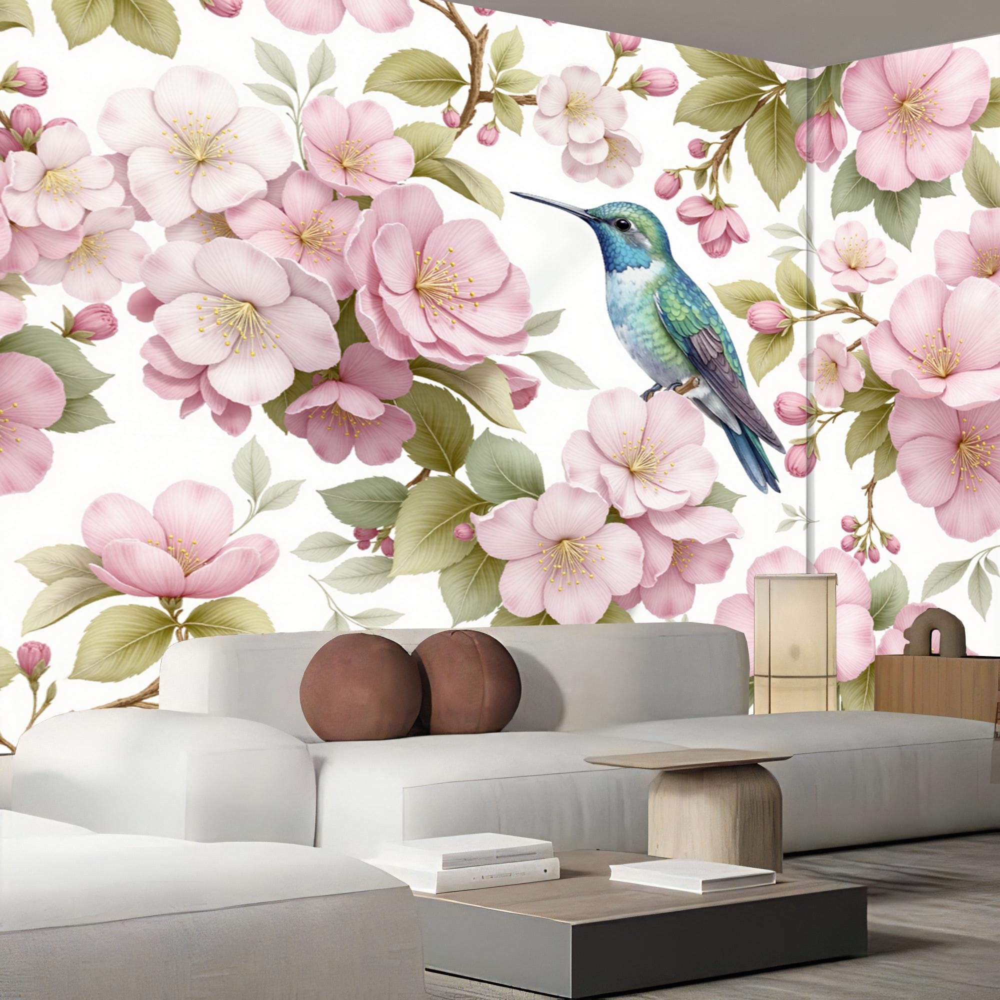 Papier peint panoramique colibri et fleurs aquarelle rose beige 450x315cm
