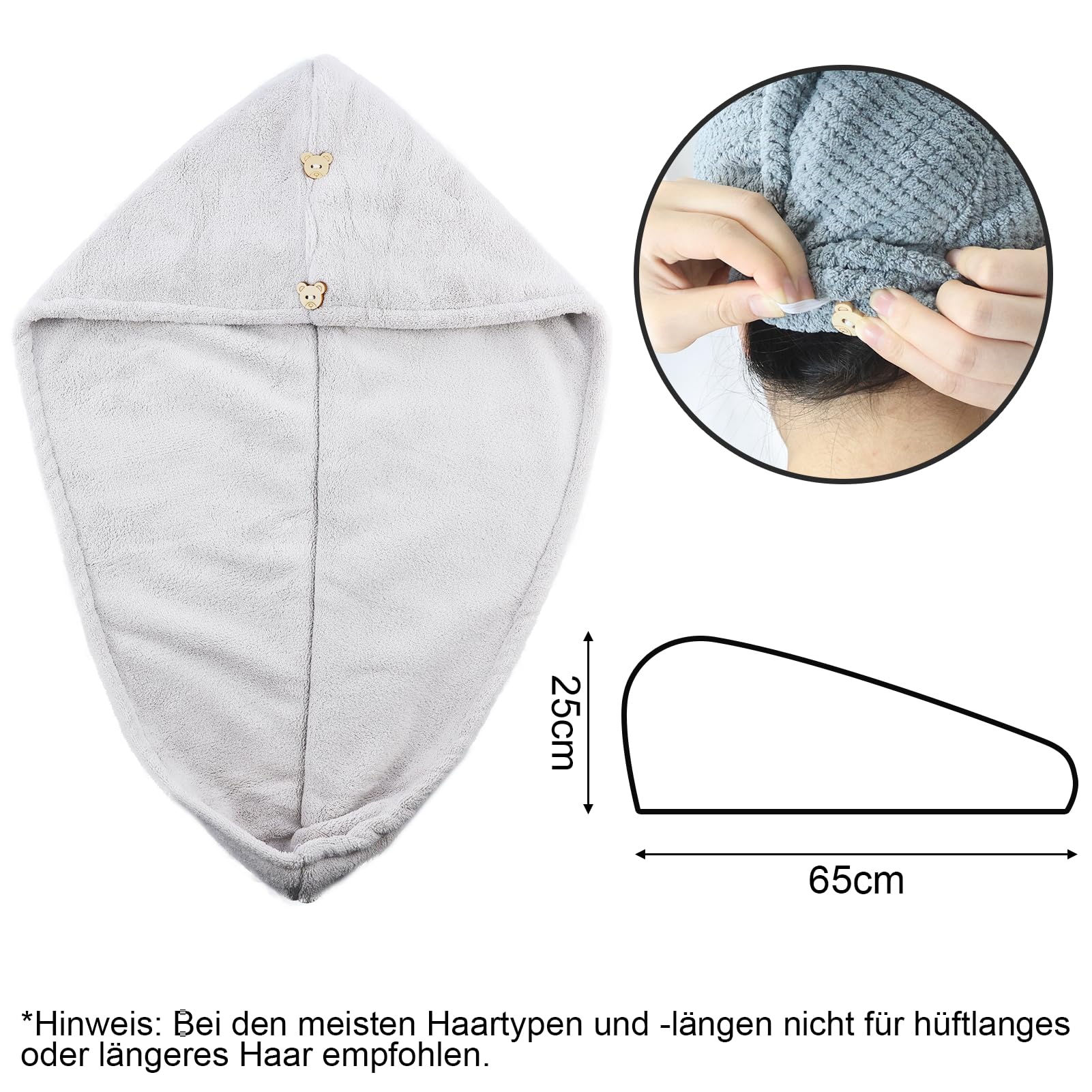 2 asciugamani in microfibra per capelli lunghi e ricci, turbante per capelli, asciugamano turbante con bottoni per asciugatura rapida, super assorbente, anti-crespe, asciugamano da donna, grigio
