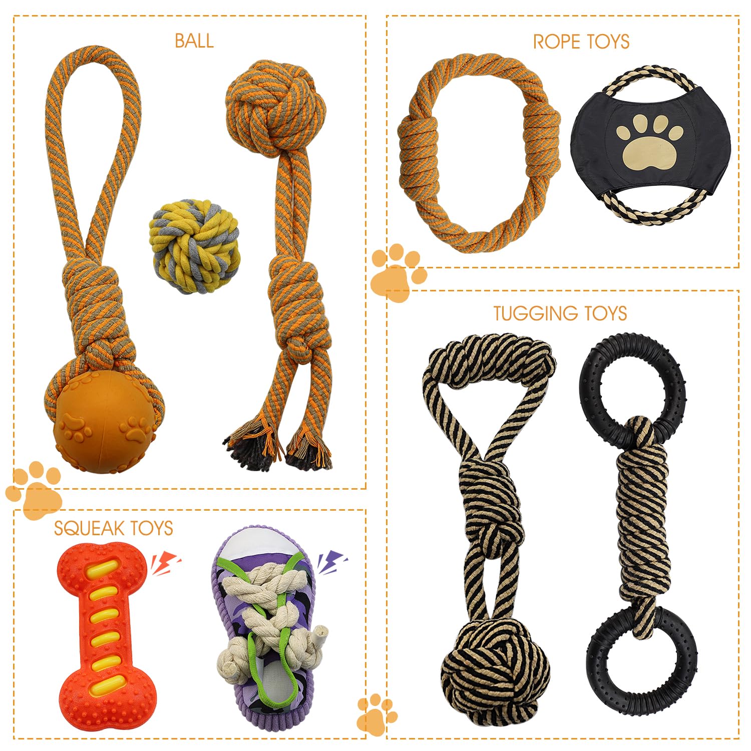 Waldseemüller Hundespielzeug – 9er-Pack Hundespielzeug für kleine und mittlere Hunde, Seil-Kauspielzeug-Set gegen Langeweile, interaktiver Ball für Welpen mit Aufbewahrungstasche