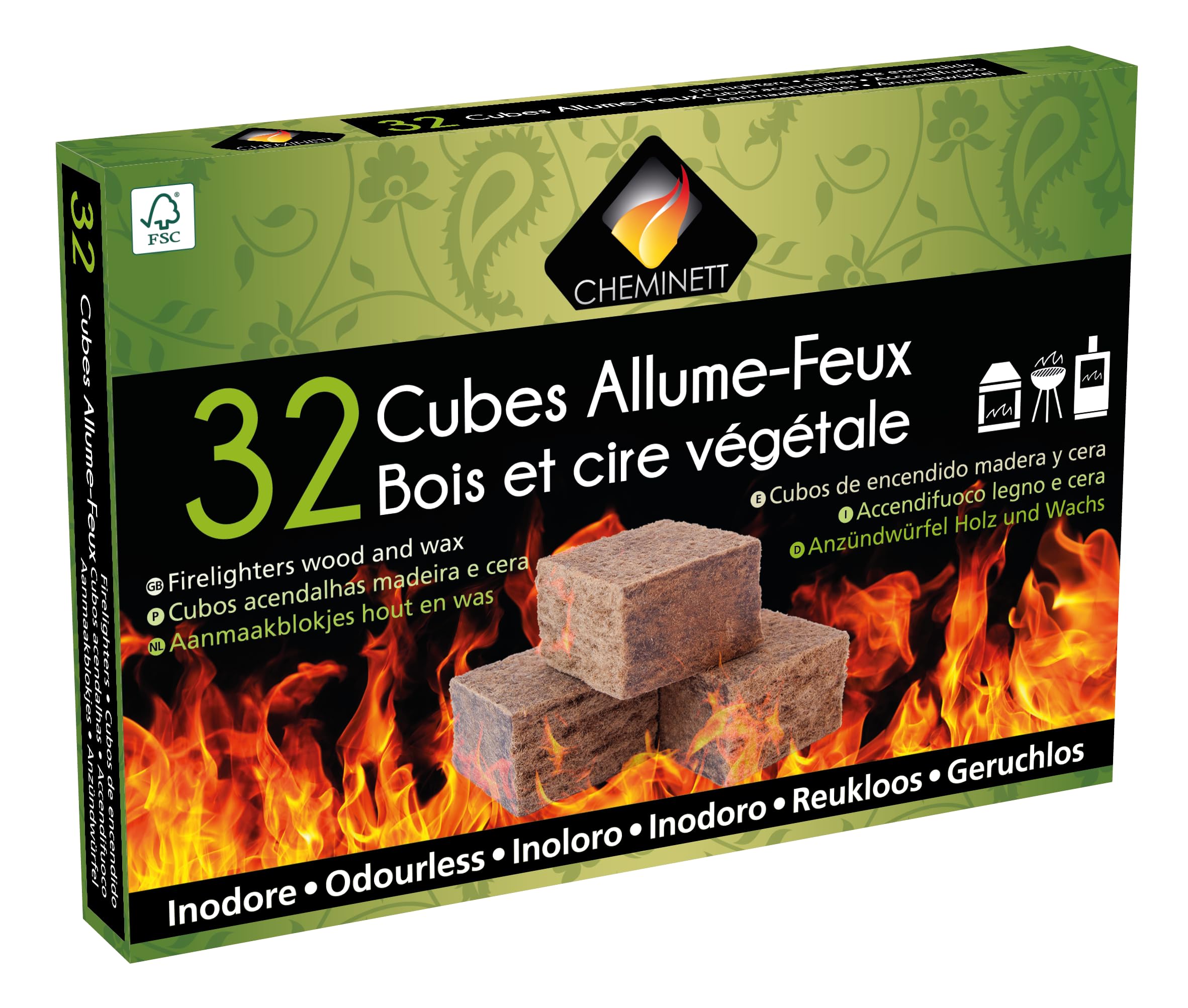 Visita la tienda de Cheminett CHEMINETT 15751-32 Cubos Encendido precortados Cheminett naturales para encender chimeneas, estufas y barbacoas in use