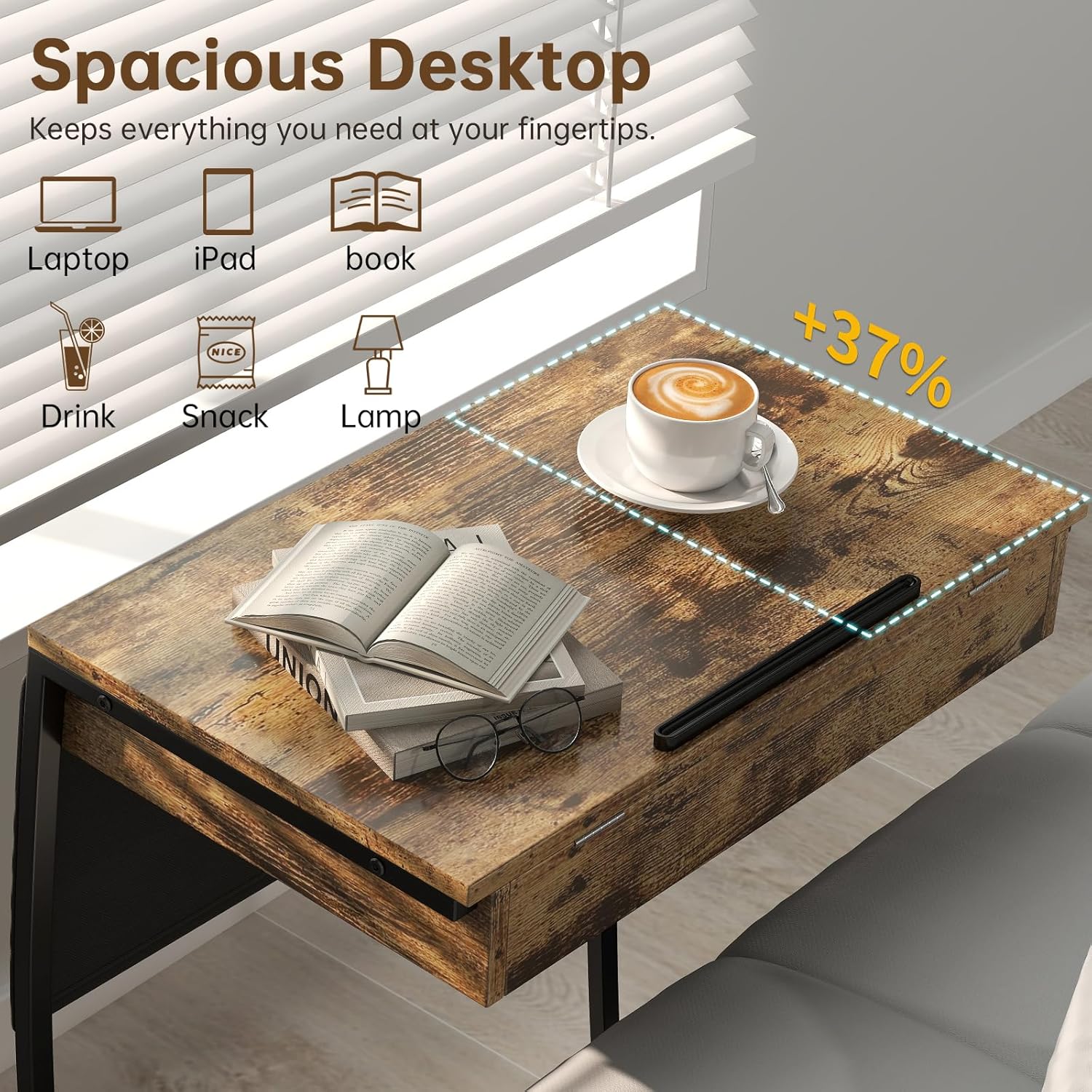 Condition photo showing New/Like New for hadulcet tv tray table for eating on couch - laptop desk with charging station, storage cabinet & fabric bag, tiltable desktop 0°-52°, c shaped end table that slides under sofas, rustic brown 28.5"