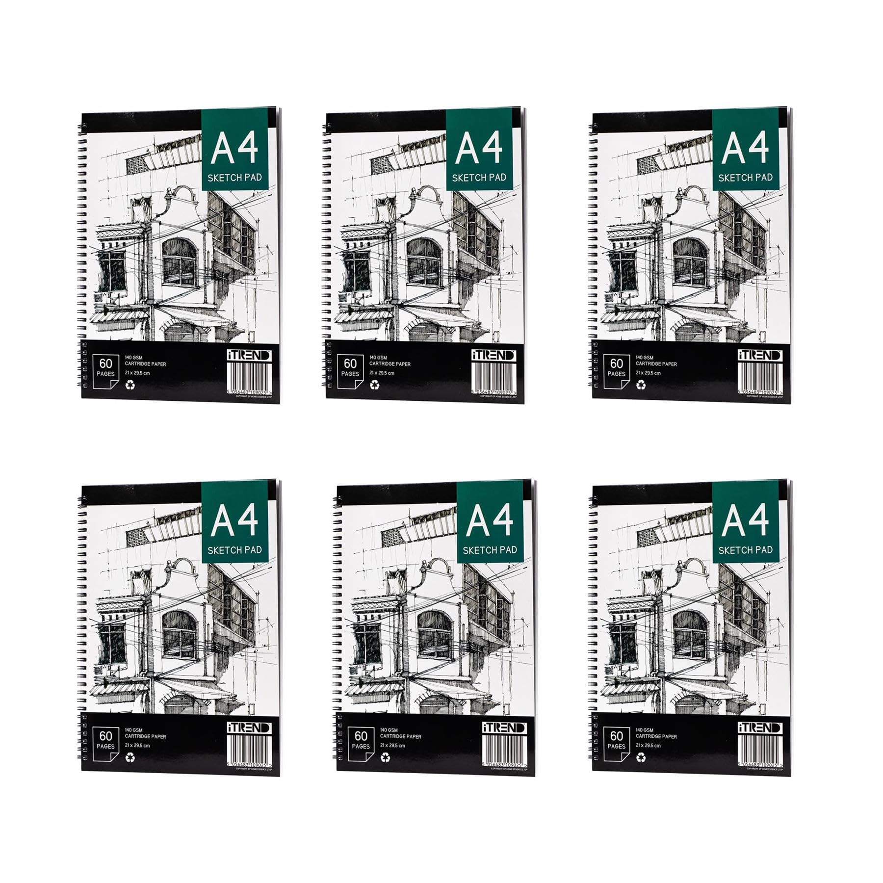 iTrend Sketch Book - Spiral Sketchbook - White Cartridge Art Drawing Paper - A4 60 Page - Sketch Pad - Pack of 6