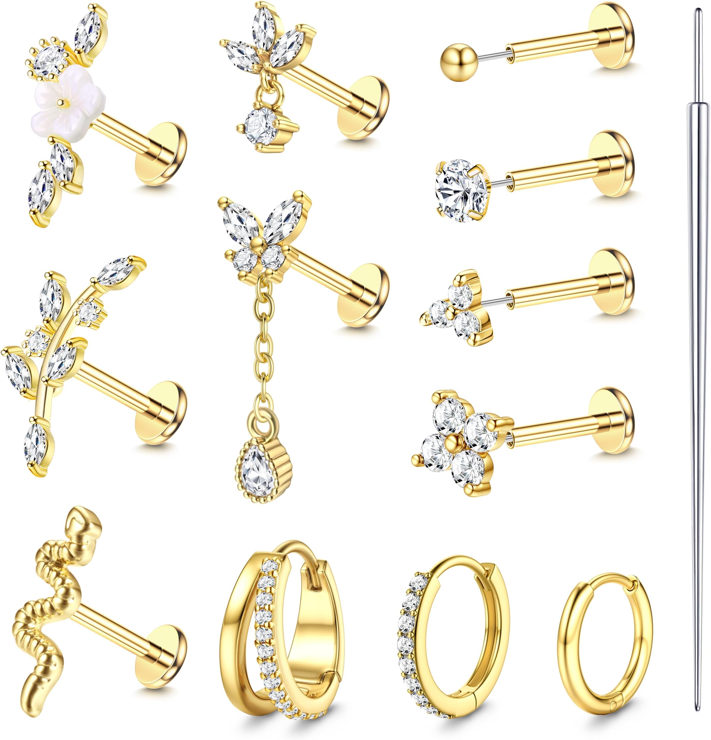 20G 18G Threadless Flat Back Earrings Hypoallergenic Push in Stud Earrings 14K Gold Plated 316L Surgical Steel Stud Hoop Earring Sets Cartilage Helix Conch Tragus Nose Piercing Jewelry 12PCS
