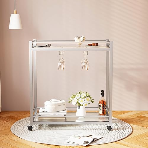Miniatura 2 de alazyhome Carrito de barra de 2 niveles, carrito de servicio plateado con ruedas, carrito de vino con 2 estantes espejados, estante de vidrio,