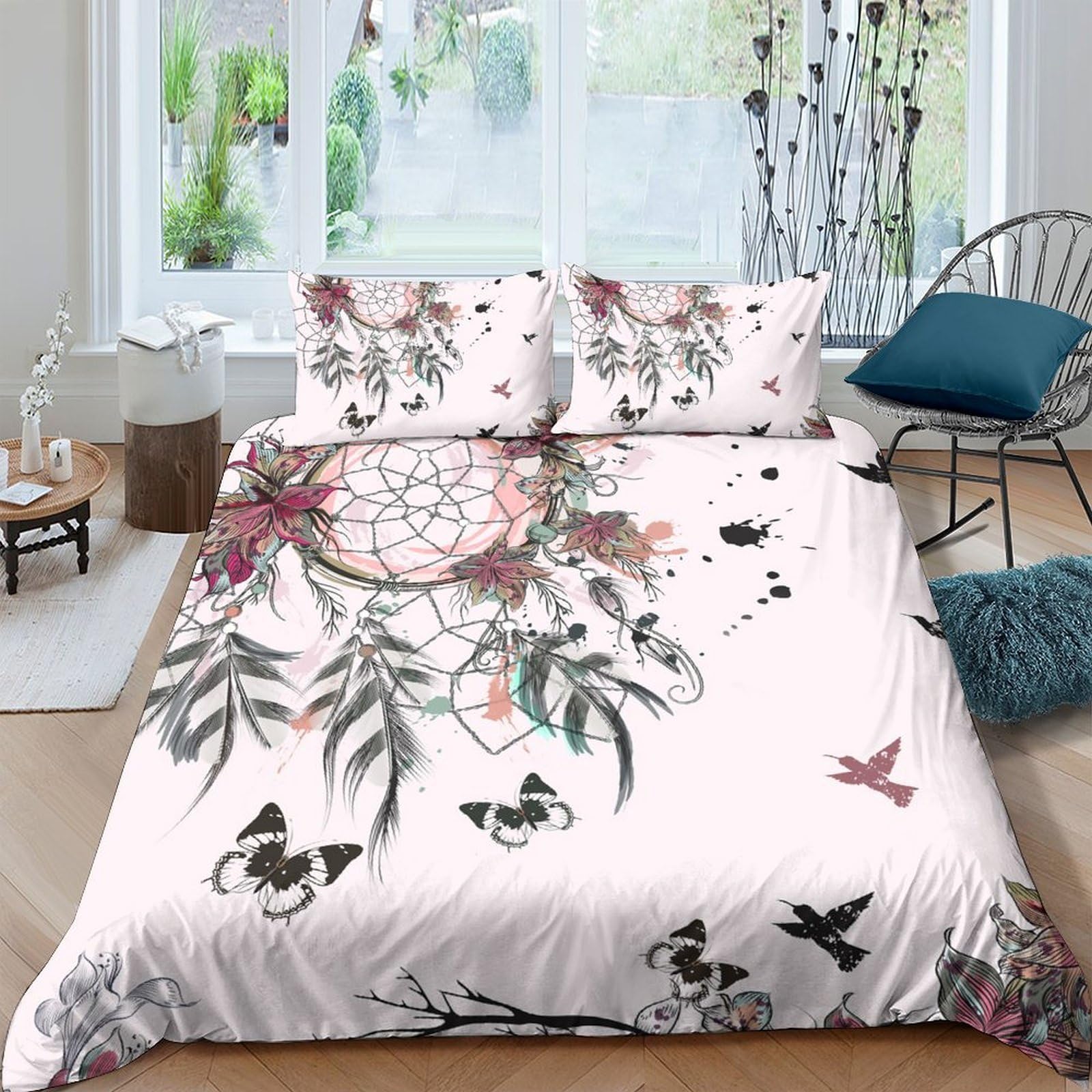 Ctjqhvkz Style-10 3D Printed Dreamcatcher Butterfly Fitted Sheet Microfiber Soft Pink Floral Bed Cover For Bedroom Guest Room Decor Single（135X200cm）